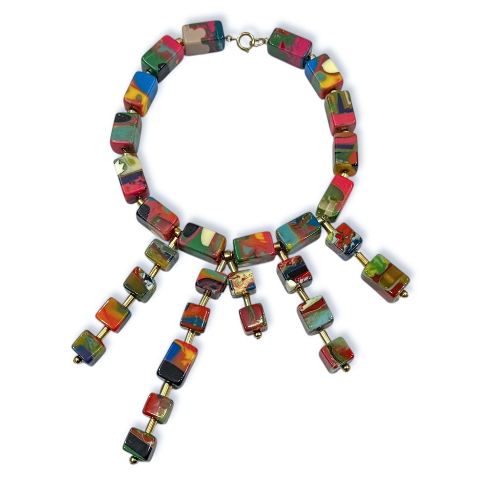 Unique Resin Necklace Beaded with Colorful Square Cube Chunks
